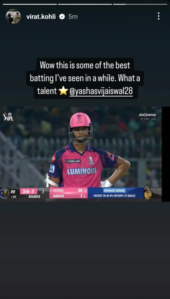 Virat Kohli Instagram post on Yashasvi Jaiswal Fastest fifty in IPL 2023