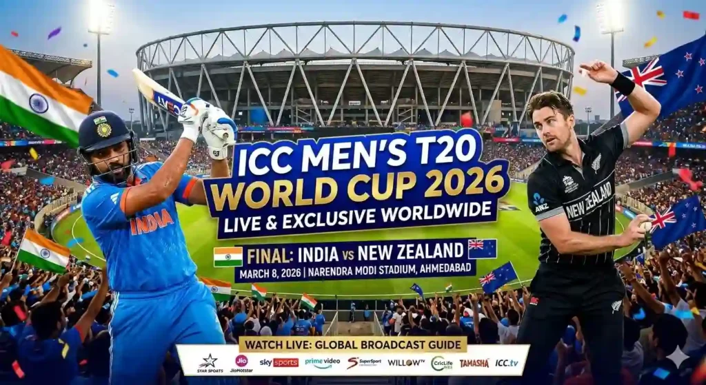 Where to Watch T20 World Cup 2026 Live: TV Channels & Streaming Apps Worldwide The ICC Men's T20 World Cup 2026 has reached its decisive stage, with the semi-finals and final bringing together the best teams in international cricket. Fans across the world are searching for ways to watch the tournament live on TV or through online streaming platforms. The tournament runs from February 7 to March 8, 2026, featuring 20 teams and 55 matches played across venues in India and Sri Lanka. With matches broadcast globally through different TV networks and digital platforms, here is a complete guide to where you can watch the T20 World Cup 2026 live worldwide. Where to Watch T20 World Cup 2026 Live by Country India Cricket fans in India can watch the tournament through the official broadcast partner. TV Channels Star Sports Network Live Streaming JioHotstar app JioHotstar website Radio coverage is also available via All India Radio. For fans looking to watch the final between India and New Zealand, check the detailed guide here: How to Watch India vs New Zealand T20 World Cup 2026 Final Live in Pakistan. Pakistan TV Channels PTV Sports PTV Home PTV National Live Streaming Platforms Tamasha Tapmad ARY Zapp Myco These platforms will broadcast the T20 World Cup 2026 final and knockout matches live. Fans in Pakistan can also read the detailed match guide here: How to Watch IND vs NZ T20 World Cup 2026 Final Live in Pakistan. United Kingdom and Ireland TV Broadcast Sky Sports Cricket Sky Sports Main Event Live Streaming NOW BBC provides radio commentary for tournament matches. Australia Fans in Australia can follow the tournament through digital streaming. Live Streaming Prime Video Radio Coverage ABC Radio SEN Radio New Zealand TV Broadcast Sky Sport Live Streaming Sky Sports Now New Zealand fans will be keen to watch the Black Caps face India in the 2026 final. Middle East and North Africa (Including UAE) TV Channel CricLife Max Streaming Platform StarzPlay You can also check the regional guide here: How to Watch India vs New Zealand T20 World Cup 2026 Final Live in UAE. United States and Canada Cricket fans in North America can watch the tournament live via: TV / Streaming Willow TV Amazon Prime FloSports Triller YouTube Primetime Channels Willow.tv Team USA matches are available free on Willow Sports and YouTube. Sri Lanka TV Broadcast Dialog TV TV Supreme PEO TV Live Streaming Dialog Play ThePapare.com Radio Derana FM Bangladesh TV Channels T Sports Nagorik TV Live Streaming Rabbithole Caribbean Islands TV Broadcast ESPN All 55 matches of the tournament will be shown live across ESPN platforms. Sub-Saharan Africa Broadcast Partner SuperSport SuperSport provides coverage across multiple African countries including South Africa and Zimbabwe. Latin America Fans can watch the tournament via: Streaming Disney+ Rest of the World Cricket fans in countries without an official broadcaster can watch matches through: ICC.tv The ICC's streaming platform offers free live coverage in select regions. How to Watch T20 World Cup 2026 for Free Some regions offer free streaming options through ICC.tv or promotional telecom plans. You can read the complete guide here: How to Watch T20 World Cup 2026 Live for Free on Mobile. Key Tournament Dates StageDateTournament StartFeb 7, 2026Semi Final 1March 4, 2026Semi Final 2March 5, 2026FinalMarch 8, 2026 The final will feature India vs New Zealand at Narendra Modi Stadium in Ahmedabad. Frequently Asked Questions Where can I watch the T20 World Cup 2026 live? You can watch the tournament through Star Sports, Sky Sports, SuperSport, CricLife Max, Willow TV and Prime Video, depending on your country. Is T20 World Cup 2026 available online? Yes. Streaming platforms include JioHotstar, Tamasha, StarzPlay, Prime Video, Sky Sports Now and ICC.tv. Can I watch the T20 World Cup for free? Where-to-Watch-T20-World-Cup-2026-Live-TV-Channels-Streaming-Apps-Worldwide
